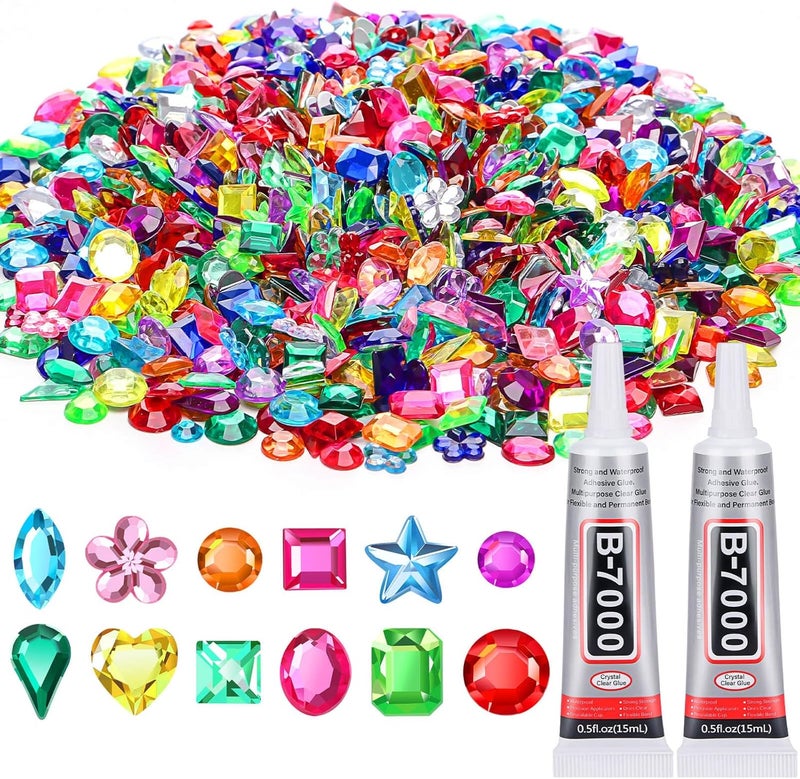 Anezus1200Pcs Craft Gems with 2Pcs B7000 Jewelry Glue, Flat Back Sequins Jewels Embellishments Rhinestones Gemstones for Bedazzling, Decor, Clothing - Image 1